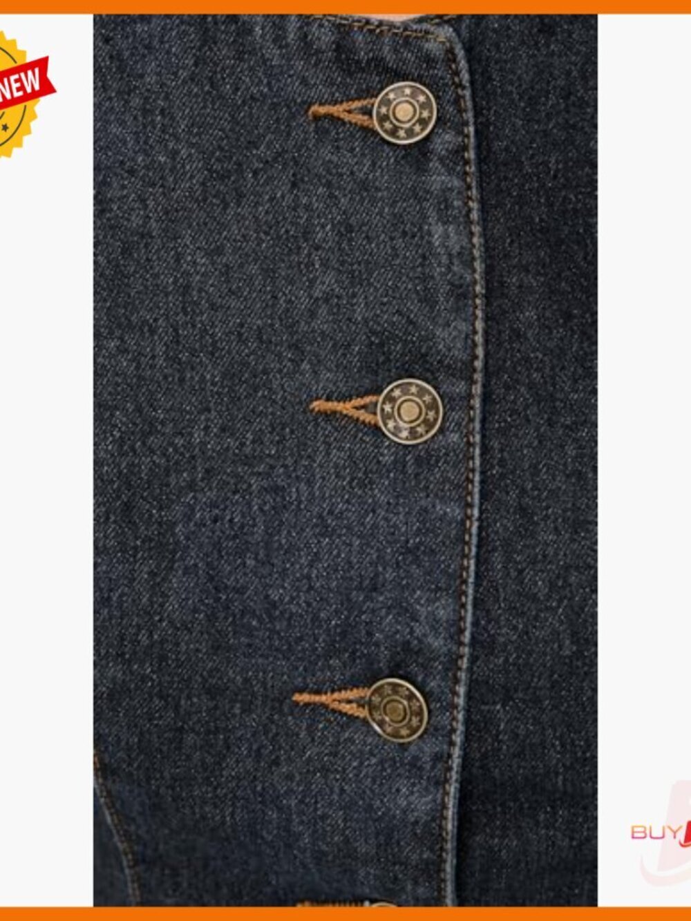 Denim Blouse with Puff Sleeves, Button Placket, Standard Length - Picture 6 of 6